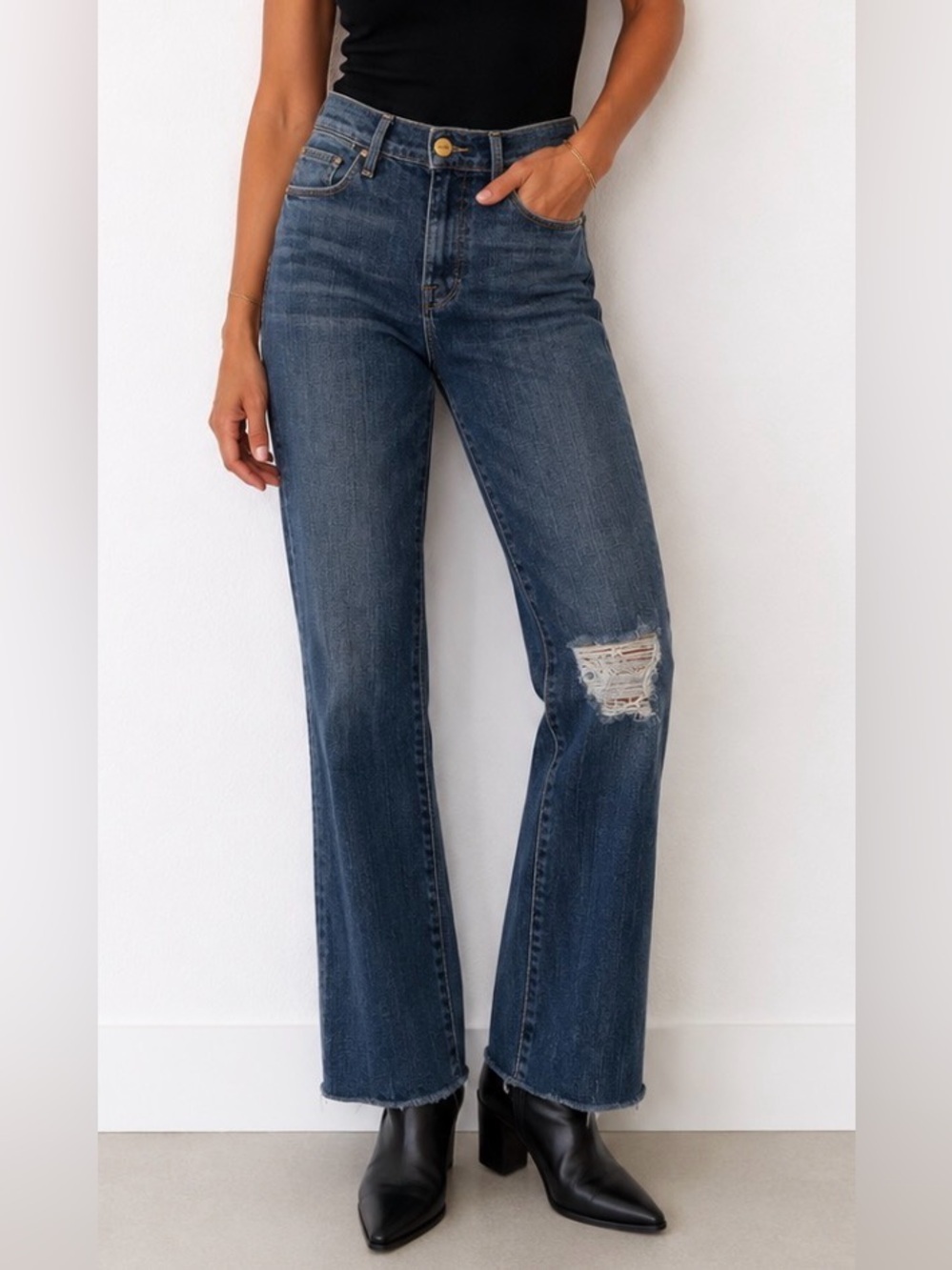 Frame Denim Jeans Le High Straight-Leg Knee Distress Blue 26 Ankle Fray Hem